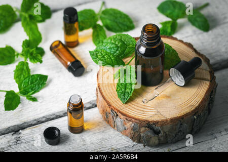 Aromathérapie - huile essentielle flacons avec les feuilles de menthe sur fond de bois blanc Banque D'Images