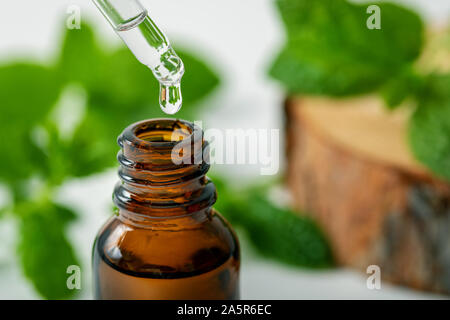 L'huile essentielle de menthe goutte tombant de compte-gouttes dans la bouteille Banque D'Images