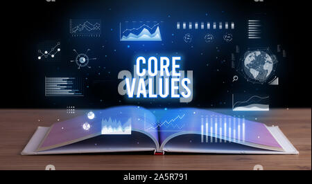Les valeurs de base de l'inscription d'un livre ouvert, creative business concept Banque D'Images