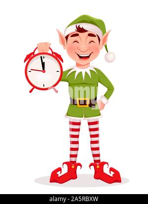 Joyeux Noël carte de souhaits avec Elf. Santa Claus holding Elf d'un réveil. Personnage. Vector illustration sur fond blanc Illustration de Vecteur