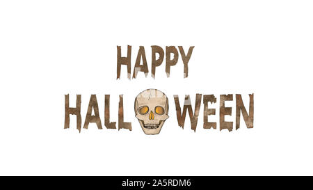 Happy Halloween Text avec un fantôme effrayant crâne avec les yeux rougeoyants isolé sur blanc. Banque D'Images