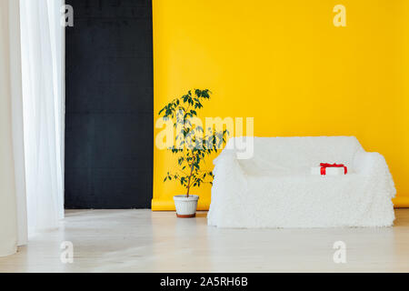 Canapé blanc avec accueil et des plantes cadeaux dans l'intérieur de la chambre Banque D'Images