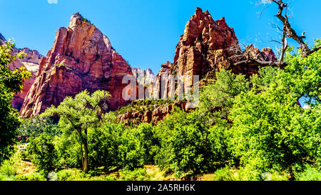 Isaac et Jacob Pic Pic, deux des trois pics dans la cour des Patriarches dans le parc national de Zion dans l'Utah, États-Unis Banque D'Images