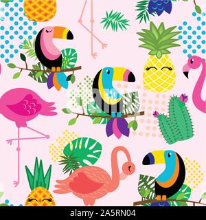 Raccordable, transparente modèle vecteur tropical avec des flamants roses, des toucans, des cactus et des feuilles tropicales Illustration de Vecteur