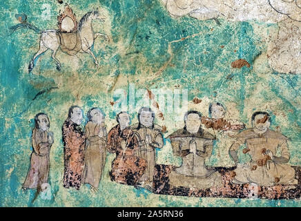 Hohhot. 16Th Jun 2018. Photo prise le 4 septembre 2018 montre l'intérieur de peintures murales dans les grottes de Arjai Otog bannière de l'Ordos, Chine du nord, région autonome de Mongolie intérieure. Les travailleurs du patrimoine culturel a lancé un programme pour restaurer les fresques de la 1 600 ans Arjai grottes, en août 2018. Maintenant, le renforcement de la masse de roche de la grotte a presque été fait avec l'ensemble du programme devrait s'achever en 2021 selon l'administration. Credit : Jia Lijun/Xinhua/Alamy Live News Banque D'Images