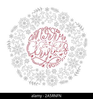 Joyeux Noël lettres calligraphiées écrit à la main le texte vectoriel et flocons de guirlande. Conception de cartes de vœux de Noël avec des éléments. La saison d'hiver moderne Illustration de Vecteur