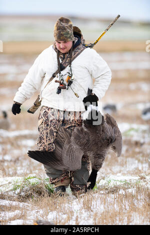 Un jeune chasseur d'oie avec des Oies Banque D'Images