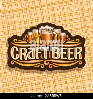 Logo Vector pour Craft Beer, signalisation sombre avec pinte verres de projet de pilsner tchèque et allemand de l'artisanat de mug lager, pinceau original de caractères mots arc Illustration de Vecteur