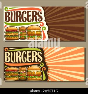 Bannières vecteur pour les hamburgers avec copie espace, notice avec cheeseburger veggieburger, hamburger et frites avec escalope, caractère original pour mot burger Illustration de Vecteur