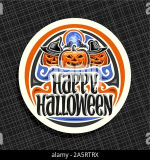 Logo Vector pour Halloween de rond blanc, signer avec les citrouilles sculptées orange et bleu de lune, pinceau original de caractères mots joyeux Halloween, desi Illustration de Vecteur