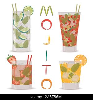 Icône vecteur illustration logo pour l'alcool cocktails mojito. Le Mojito est constituée de verre transparent avec tasse cocktail, cubes de glace. Cockt Illustration de Vecteur