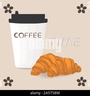 Vector illustration logo pour céramique blanc tasse de café chaud, croissant sur la soucoupe. Le croissant est constituée de grains de café moulu dans la porcelaine cu Illustration de Vecteur