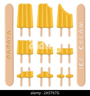 Vector illustration logo pour la papaye naturel crème glace sur stick. La crème glacée est constituée de glace froid sucré, savoureux desserts congelés ensemble. F Frais Illustration de Vecteur