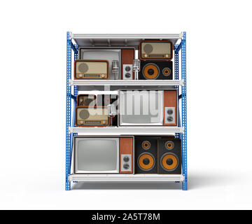 Le rendu 3D de vieux rétro radio et de téléviseurs sur silver blue metal tablettes rack Banque D'Images