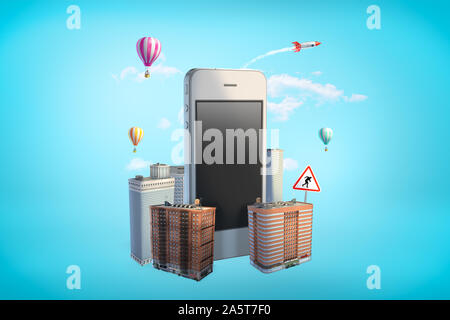 Le rendu 3D de l'article smartphone gigantesque au milieu des immeubles de grande hauteur sur fond bleu. Banque D'Images