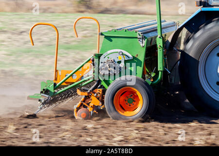 Seeder sème le blé dans le sol noir Banque D'Images