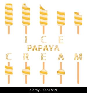 Vector illustration logo pour la papaye naturel crème glace sur stick. La crème glacée est constituée de glace froid sucré, savoureux desserts congelés ensemble. F Frais Illustration de Vecteur