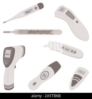 Illustration sur le thème grand ensemble de couleur différents types de thermomètres pour l'hôpital. Composé de thermomètre accessoire collection avec qualité contro Illustration de Vecteur