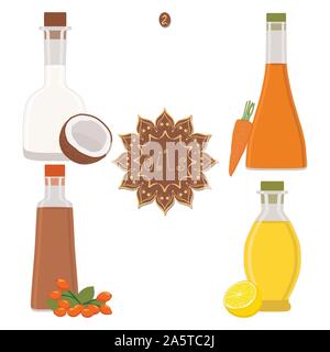 Vector illustration pour régler différents types de bouteilles en plastique, de l'huile avec le bouchon. Récipient d'huile est constituée de matières organiques naturelles, liquide dans un flacon de verre cosm Illustration de Vecteur