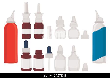 Illustration sur le thème grand ensemble de couleur différents types de pulvérisateurs, pipette pour l'hôpital. Pulvérisateur composé d'accessoire de la collection pi caoutchouté Illustration de Vecteur