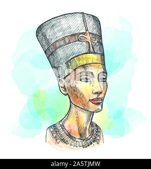 Buste de Néfertiti aquarelle dessiné à la main Illustration de Vecteur