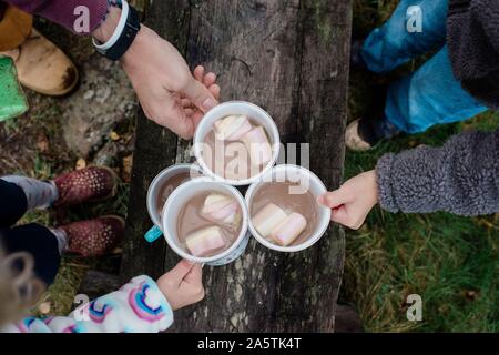Family's hands holding mugs de chocolat chaud tout en camping à l'extérieur Banque D'Images