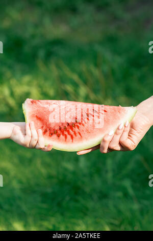 Close up de la main de femme prend des morceau de pastèque de la main d'un enfant. Main de femme prend une tranche de melon d'eau à partir de la main de l'enfant sur la nature de fond vert close up. Banque D'Images