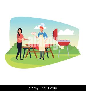 La femme et l'homme avatar dans la cuisson d'un barbecue, un design coloré Illustration de Vecteur