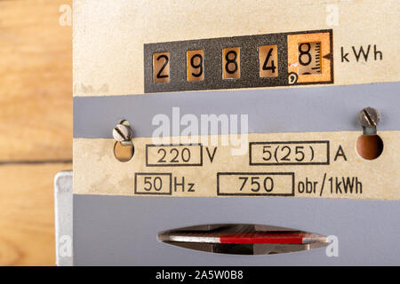 Compteur d'électricité sur un mur blanc. Un dispositif de mesure de la consommation de courant électrique. Fond clair. Banque D'Images