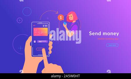 Services bancaires mobiles et l'envoi d'argent à partir de la carte de crédit via portefeuille électronique app sans fil et facile. Illustration vecteur lumineux de main humaine détient smartp Illustration de Vecteur