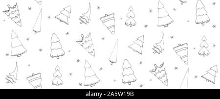 Motif transparent vecteur dessiné à la main avec les arbres de Noël et flocons isolé sur fond blanc. Texture sans fin. Papier d'emballage, de nouvelles positives oui Illustration de Vecteur