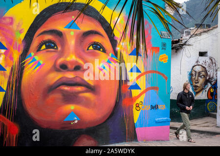 Street art, peinture murale, dans Plazoleta Chorro de Quevedo, Candelaria quartier, Bogota, Colombie Banque D'Images