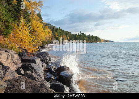 Les arbres colorés et de pins le long de la rive du lac Supérieur au cours de l'automne Banque D'Images