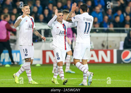 22 octobre 2019 Brugge, Belgique Club de football Brugge contre PSG , Ligue des champions de l'UEFA , L-R Mauro Icardi de Paris Saint Germain, Marco Verratti de Paris Saint Germain, Angel Di mari de Paris Saint Germain Banque D'Images