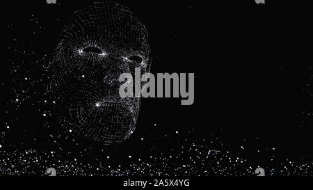 Visage humain composé de lignes et points lumineux. 3D illustration sur fond noir Banque D'Images