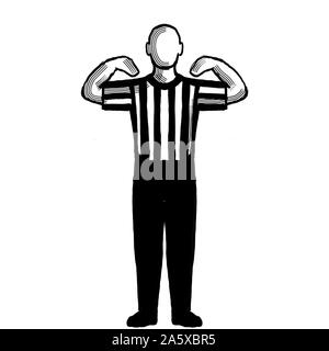 Illustration noir et blanc d'un arbitre de basket-ball ou officiel avec signal de la main montrant 30 secondes hors vue de l'avant sur fond isolé Banque D'Images