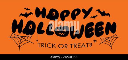 Vector affiche avec type d'Halloween, la citrouille avec bat, spider et web sur fond orange. Pour la bannière, carte de vœux, invitation à une fête Illustration de Vecteur