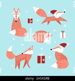 Ensemble d'hiver renard orange avec presentsisolated sur fond bleu. Animaux de la forêt de Noël dans un style scandinave. Illustartion de vecteur. Illustration de Vecteur