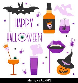 Halloween Party 2020 Vector illustration inscription Halloween party, verre, araignée, chauve-souris vampire, masque Masque de bouche, fantômes, Jack O'Lantern, chapeau de sorcière, Illustration de Vecteur