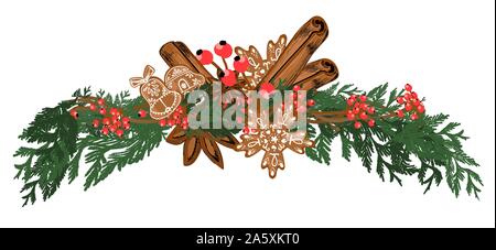 Décoration pour la cheminée. Pour l'élément de design cards et les textiles. Nouvelle Année. Branches de sapin et de fruits rouges.. Illustration de Vecteur