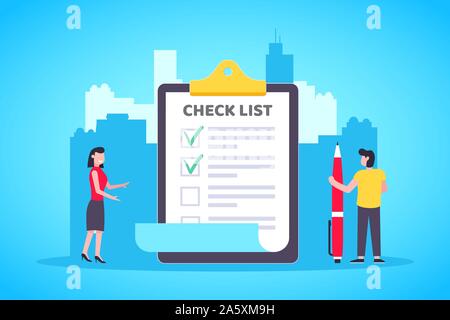 Les petites gens debout près de big presse-papiers et remplir des cases sur le document avec grande télévision stylo style design vector illustration. Le travail d'affaires Illustration de Vecteur