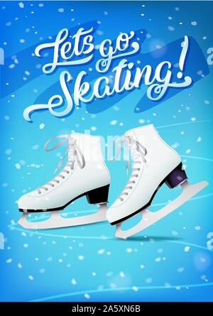 Vous permet d'aller patiner poster avec paire de patins à glace classique blanc sur fond bleu, modèle de scénario. Illustration de Vecteur