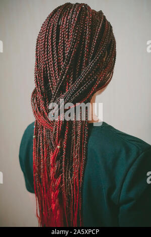 Coiffure africaine sur une fille d'apparence, cheveux de couleur rouge, beaucoup de tresses fines Banque D'Images