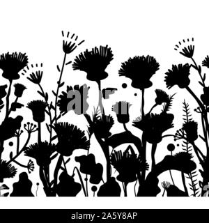 Silhouettes de fleurs et l'herbe, vector illustration. Modèle sans couture Illustration de Vecteur