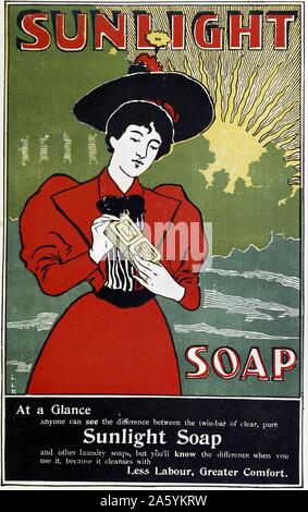 Publicité pour le soleil savon de ménage c1890 le recommander à la ménagère en prétendant qu'elle rendrait la vie plus facile. Produit par Lever Brothers à leur Port Sunlight fonctionne, Liverpool, Angleterre Banque D'Images