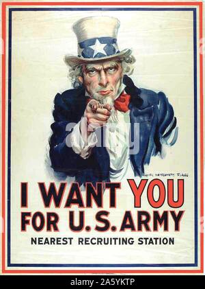 'Je veux que vous pour l'armée américaine' : affiche de recrutement de la Première Guerre mondiale, montrant l'Oncle Sam pointant son doigt vers l'avant et de faire appel au patriotisme Banque D'Images