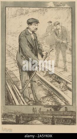 Platelayers : tous les hommes sont trop vieux pour le service militaire actif. Au bas sont les jeunes hommes qui servent comme soldats en France qui aurait fait ce travail en temps de paix. Scène sur le métro de Londres (Underground Electric Railway Company), la Première Guerre mondiale - 1914-1918. Lithographie. Banque D'Images