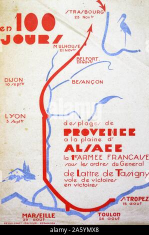 Carte montrant la victoire de la voie d'Jean Joseph Marie Gabriel de Lattre de Tassigny, ( 1889 - 1952). Il était un militaire français, héros de la Seconde Guerre mondiale, au cours de décembre 1944, les tentatives de prendre Colmar ont été infructueuses. De Lattre a été en mesure de réduire la poche en janvier et février 1945 après le succès de la défense de Strasbourg, qui est défendu au nord par les troupes américaines et les Français 3e DIA et au sud par les Français. Banque D'Images