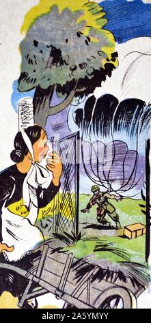 Illustration par Loys Petillot célébrant la lutte pour la liberté en Alsace et Lorraine à la fin de la seconde guerre mondiale. Une femme regarde un parachutiste américain à proximité des terres Banque D'Images