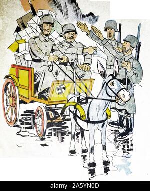 Illustration par Loys Petillot célébrant la lutte pour la liberté en Alsace et Lorraine à la fin de la seconde guerre mondiale. Les soldats allemands saluons une adoption panier dont les occupants sont les combattants de la résistance vêtus de l'uniforme allemand Banque D'Images